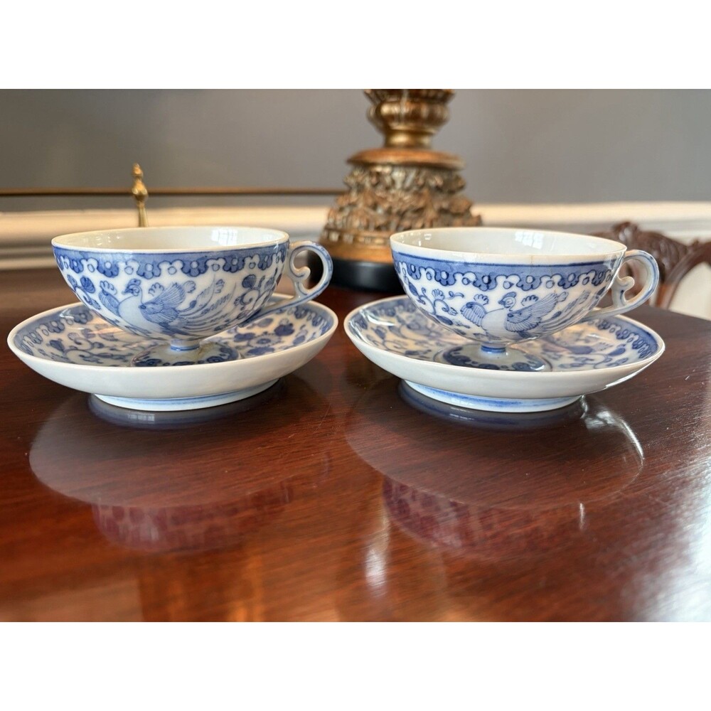 Fine Rooster Pattern Blue and White Eggshell Teacup & Saucer Set Marked